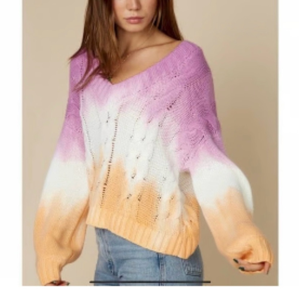 Blue Blush Cropped Cable Knit V-Neck Sweater In Violet, Orange and White Tie Dye